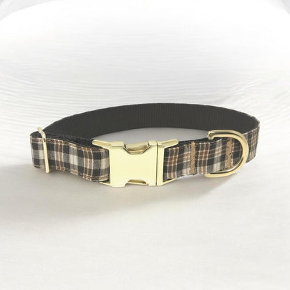 Dog Collar, Boys, Male, Plaid, Brown, Cream, Tan, Khaki, Gold, Fall, Autumn, Personalized, Engraved, Small, Medium, Large, Extra Large