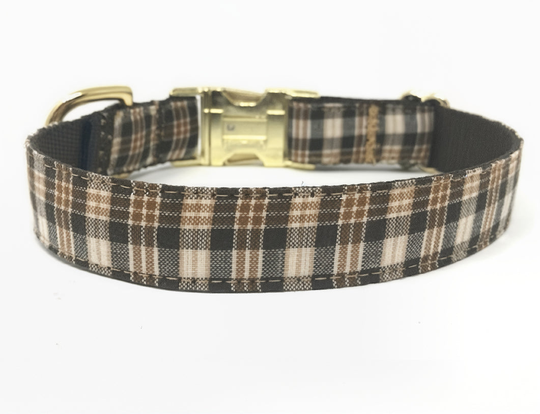 Dog Collar, Boys, Male, Plaid, Brown, Cream, Tan, Khaki, Gold, Fall, Autumn, Personalized, Engraved, Small, Medium, Large, Extra Large