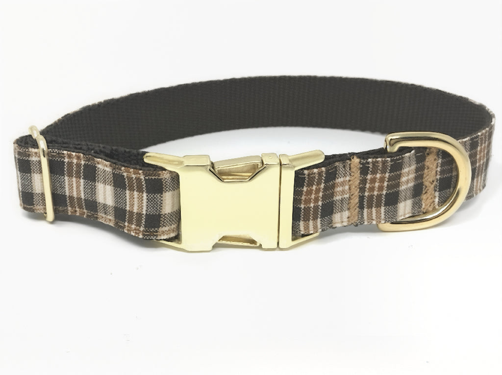 Dog Collar, Boys, Male, Plaid, Brown, Cream, Tan, Khaki, Gold, Fall, Autumn, Personalized, Engraved, Small, Medium, Large, Extra Large