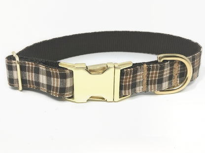 Dog Collar, Boys, Male, Plaid, Brown, Cream, Tan, Khaki, Gold, Fall, Autumn, Personalized, Engraved, Small, Medium, Large, Extra Large