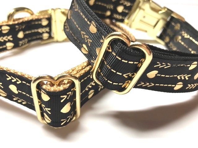 Fancy Gold + Black Hearts + Arrows Dog Collar, Girl Dog Collar, Personalized, Engraved, Custom Dog Collar, Blingy, Sparkly Dog Collar