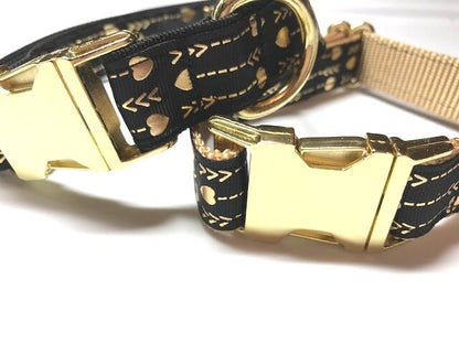 Fancy Gold + Black Hearts + Arrows Dog Collar, Girl Dog Collar, Personalized, Engraved, Custom Dog Collar, Blingy, Sparkly Dog Collar