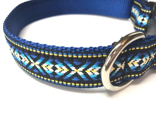 Trial, Aztec, Jacquard Print Dog Collar In Blue, Yellow, White And Black, Size Medium, Large, Extra Large, Male Dog Collar