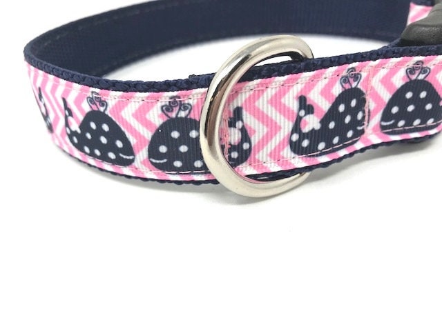Cute Pink And Navy Blue Whale Nautical Dog Collar For Girls With Pink Chevron Stripes And Polka Dots, Pretty Female Dog Collar