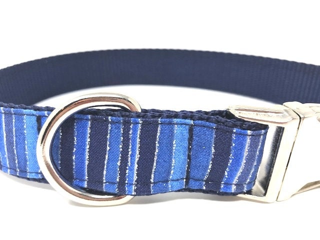 Blue + Black Stripe Dog Collar With Silver Sparkling Glitter Stripes, Dog Collar For Boys Or Girls, Personalized Dog Collar, Engraved Collar