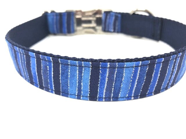 Blue + Black Stripe Dog Collar With Silver Sparkling Glitter Stripes, Dog Collar For Boys Or Girls, Personalized Dog Collar, Engraved Collar