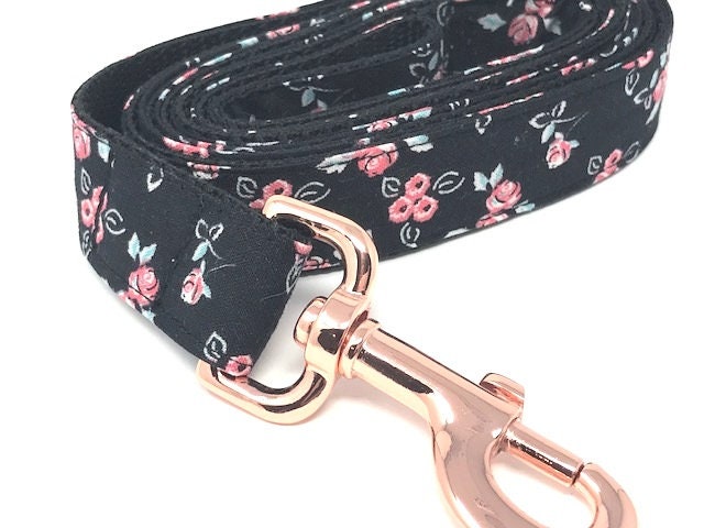 Pink And Black Floral Dog Leash, Rose Gold Dog Lead, Designer Dog Leash