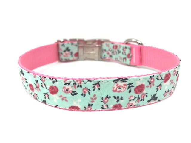 Fancy, Trendy, Pink + Teal Floral Dog Collar For Girls, Pink + Aqua Dog Collar W/ink Roses , Personalized Dog Collar, Customized, Engraved