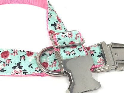 Fancy, Trendy, Pink + Teal Floral Dog Collar For Girls, Pink + Aqua Dog Collar W/ink Roses , Personalized Dog Collar, Customized, Engraved