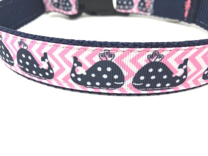 Cute Pink And Navy Blue Whale Nautical Dog Collar For Girls With Pink Chevron Stripes And Polka Dots, Pretty Female Dog Collar