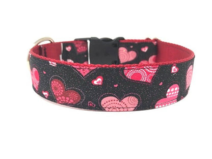 Valentine's Day Dog Collar In Red, White, And Pink Hearts And Glitter Dog Collar, Personalized, Engraved, Custom Dog Collar