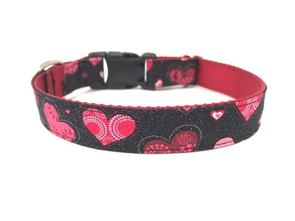 Valentine's Day Dog Collar In Red, White, And Pink Hearts And Glitter Dog Collar, Personalized, Engraved, Custom Dog Collar