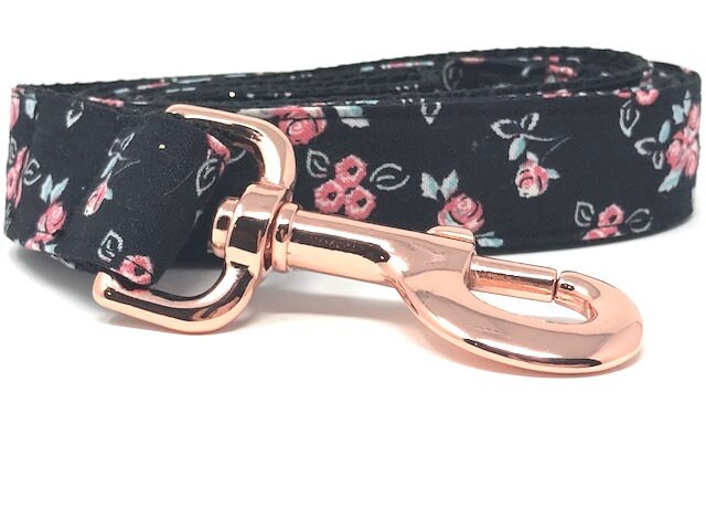 Pink And Black Floral Dog Leash, Rose Gold Dog Lead, Designer Dog Leash