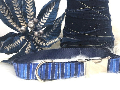 Blue + Black Stripe Dog Collar With Silver Sparkling Glitter Stripes, Dog Collar For Boys Or Girls, Personalized Dog Collar, Engraved Collar