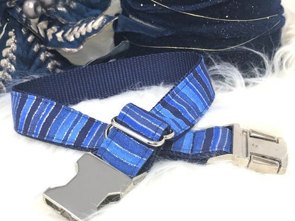 Blue + Black Stripe Dog Collar With Silver Sparkling Glitter Stripes, Dog Collar For Boys Or Girls, Personalized Dog Collar, Engraved Collar