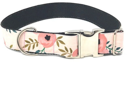 Pink Floral Dog Collar For Girls, Pink Rose Dog Collar in 1.5" Width, Trendy Vintage, Personalized, Customized, Engraved Dog Collar