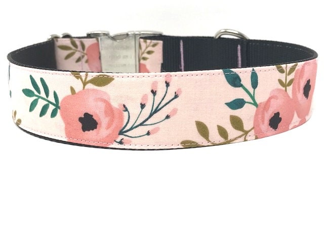 Pink Floral Dog Collar For Girls, Pink Rose Dog Collar in 1.5" Width, Trendy Vintage, Personalized, Customized, Engraved Dog Collar