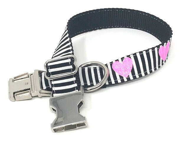 Trendy Black + White Stripe Dog Collar With Hot Pink Glitter Hearts For Girl, Valentines Day, Personalized It, Custom, Engraved, Best Friend