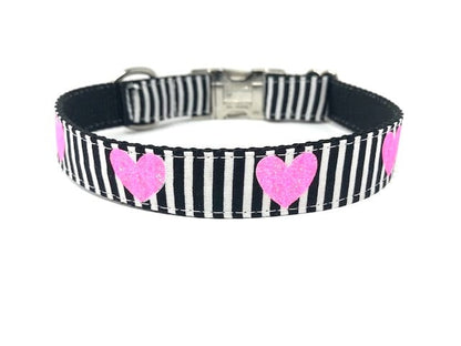 Trendy Black + White Stripe Dog Collar With Hot Pink Glitter Hearts For Girl, Valentines Day, Personalized It, Custom, Engraved, Best Friend