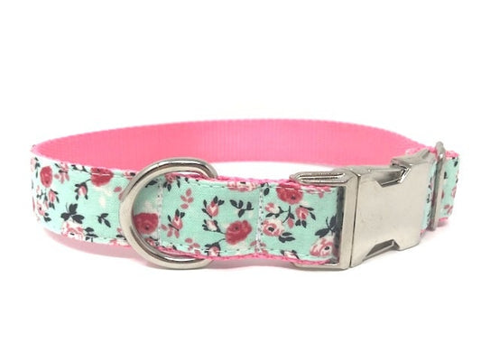 Fancy, Trendy, Pink + Teal Floral Dog Collar For Girls, Pink + Aqua Dog Collar W/ink Roses , Personalized Dog Collar, Customized, Engraved