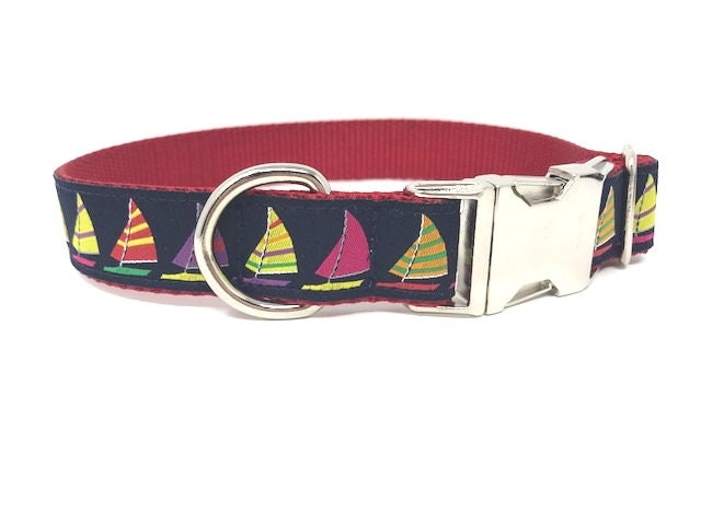 Nautical Dog Collar For Girl Or Boy In Pink, Blue, Lavender, or Red, Sailboats Dog Collar, Personalized Dog Collar, Custom, Engraved, Lilac
