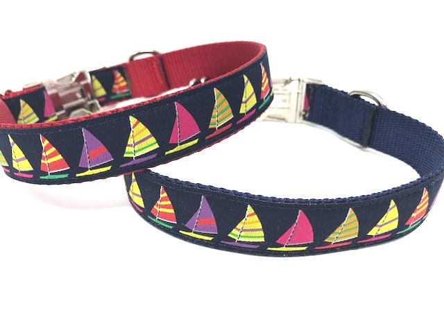 Nautical Dog Collar For Girl Or Boy In Pink, Blue, Lavender, or Red, Sailboats Dog Collar, Personalized Dog Collar, Custom, Engraved, Lilac