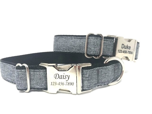 Gray And Black Denim Look Dog Collar in Medium, and Large and Extra Large Dog Collar For Boys and Male Dogs, Personalized, Engraved, Custom
