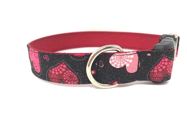 Valentine's Day Dog Collar In Red, White, And Pink Hearts And Glitter Dog Collar, Personalized, Engraved, Custom Dog Collar