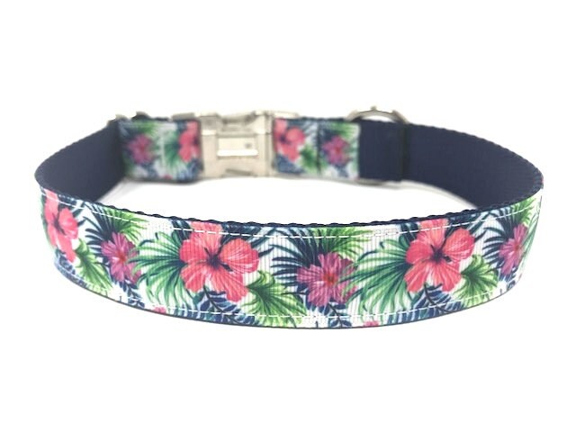 Tropical Floral Dog Collar, Hibiscus Flower Dog Collar, Hawaiian Dog Collar, For Girls Or Boys, Personalized, Engraved, Customized, Female