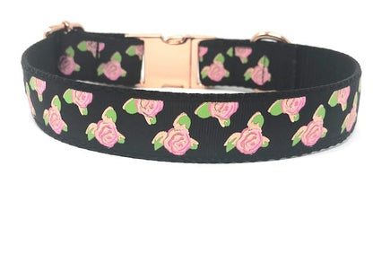 Rose Gold And Black Rose Floral Dog Collar For Girls, Rose Gold Hardware, Rose Flower Collar, Female, Personalized, Engraved, Customized