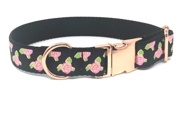 Rose Gold And Black Rose Floral Dog Collar For Girls, Rose Gold Hardware, Rose Flower Collar, Female, Personalized, Engraved, Customized