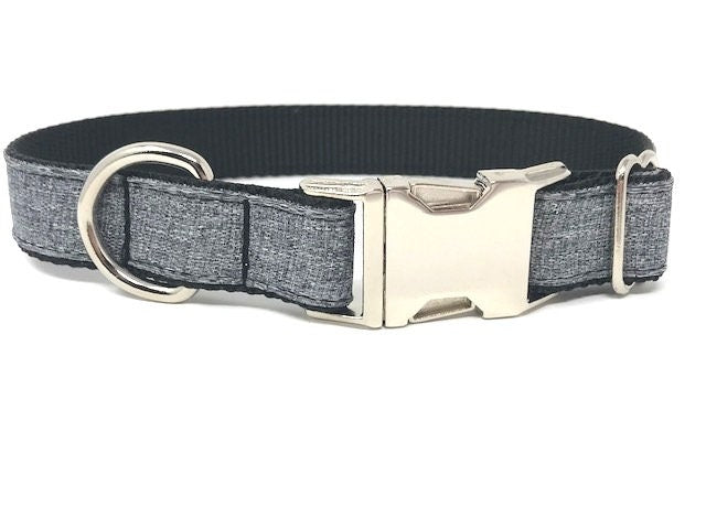 Gray And Black Denim Look Dog Collar in Medium, and Large and Extra Large Dog Collar For Boys and Male Dogs, Personalized, Engraved, Custom