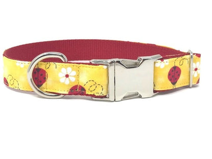 Cute Red And Yellow Ladybug And Floral Dog Collar For Girls Or Boys, Animal Print, Summer, Personalized, Laser Engraved, Customized