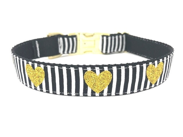 Trendy Black + White Stripe Dog Collar With Gold No - Shed Glitter Hearts For Girl Or Boy, Valentines Day, Personalized It, Custom, Engraved