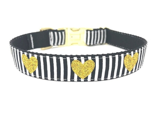 Trendy Black + White Stripe Dog Collar With Gold No - Shed Glitter Hearts For Girl Or Boy, Valentines Day, Personalized It, Custom, Engraved