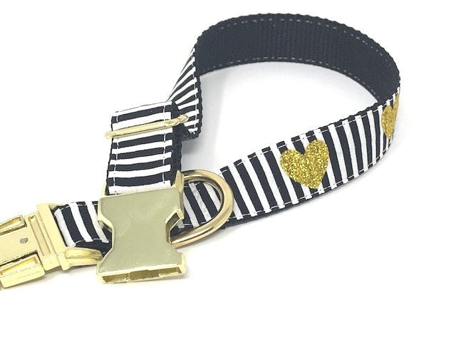 Trendy Black + White Stripe Dog Collar With Gold No - Shed Glitter Hearts For Girl Or Boy, Valentines Day, Personalized It, Custom, Engraved