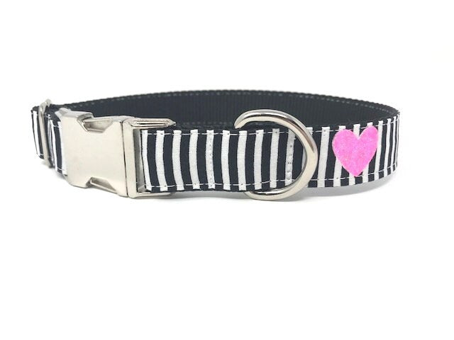 Trendy Black + White Stripe Dog Collar With Hot Pink Glitter Hearts For Girl, Valentines Day, Personalized It, Custom, Engraved, Best Friend