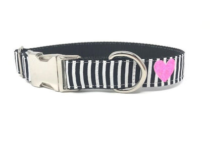 Trendy Black + White Stripe Dog Collar With Hot Pink Glitter Hearts For Girl, Valentines Day, Personalized It, Custom, Engraved, Best Friend