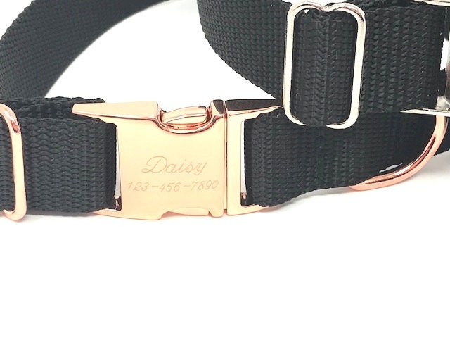 Personalized Solid Black Nylon Dog Collar, Laser Engraved, Customized, Gold, Rose Gold, Silver, Puppy, Girls, Boys, Male, Female, ID tag