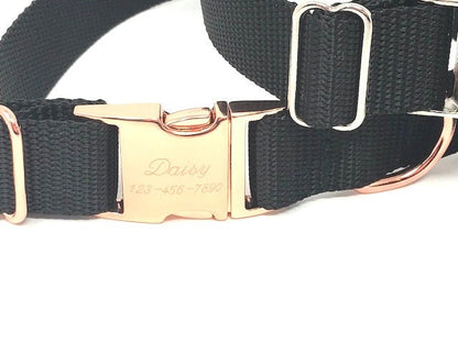Personalized Solid Black Nylon Dog Collar, Laser Engraved, Customized, Gold, Rose Gold, Silver, Puppy, Girls, Boys, Male, Female, ID tag