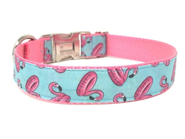 Pink Flamingo Dog Collar, Girl, Female, Summer Dog Collar, Cute Dog Collars, Personalized, Laser Engraved, Customized, Pink, Blue