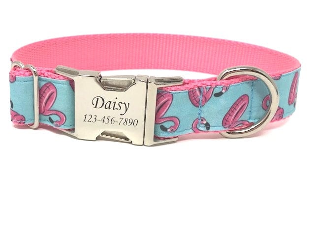 Pink Flamingo Dog Collar, Girl, Female, Summer Dog Collar, Cute Dog Collars, Personalized, Laser Engraved, Customized, Pink, Blue