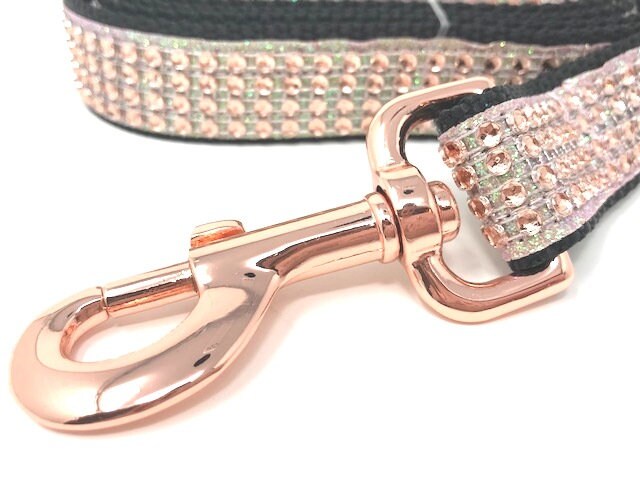 Rose Gold Dog Leash, Black Nylon, Bling And Sparkly Rhinestone And Glitter Fancy Dog Leash With Rose Gold Hardware, Girl Dog Leash, Female