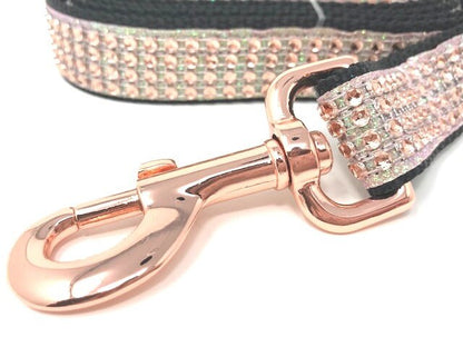 Rose Gold Dog Leash, Black Nylon, Bling And Sparkly Rhinestone And Glitter Fancy Dog Leash With Rose Gold Hardware, Girl Dog Leash, Female