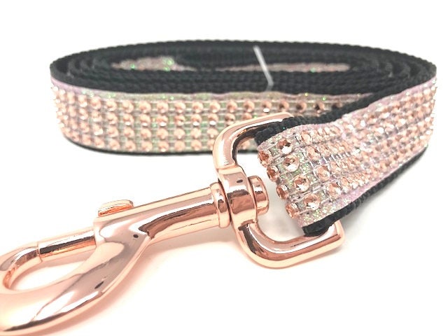 Rose Gold Dog Leash, Black Nylon, Bling And Sparkly Rhinestone And Glitter Fancy Dog Leash With Rose Gold Hardware, Girl Dog Leash, Female
