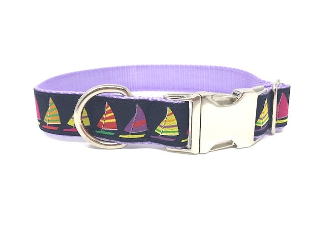 Nautical Dog Collar For Girl Or Boy In Pink, Blue, Lavender, or Red, Sailboats Dog Collar, Personalized Dog Collar, Custom, Engraved, Lilac