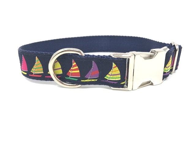 Nautical Dog Collar For Girl Or Boy In Pink, Blue, Lavender, or Red, Sailboats Dog Collar, Personalized Dog Collar, Custom, Engraved, Lilac