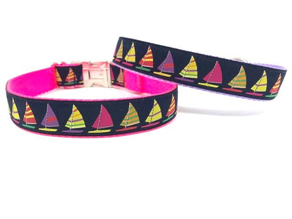 Nautical Dog Collar For Girl Or Boy In Pink, Blue, Lavender, or Red, Sailboats Dog Collar, Personalized Dog Collar, Custom, Engraved, Lilac