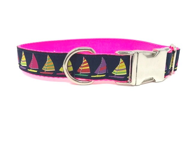 Nautical Dog Collar For Girl Or Boy In Pink, Blue, Lavender, or Red, Sailboats Dog Collar, Personalized Dog Collar, Custom, Engraved, Lilac