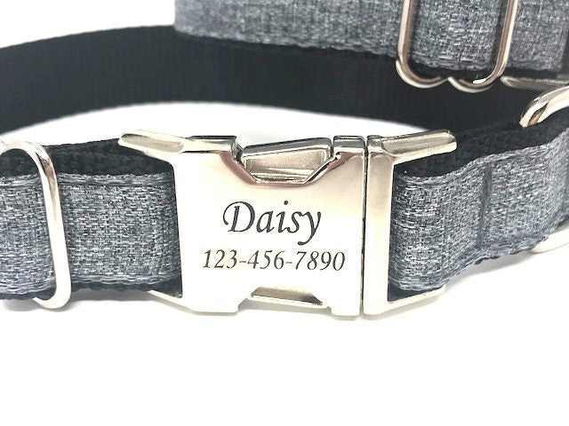 Gray And Black Denim Look Dog Collar in Medium, and Large and Extra Large Dog Collar For Boys and Male Dogs, Personalized, Engraved, Custom